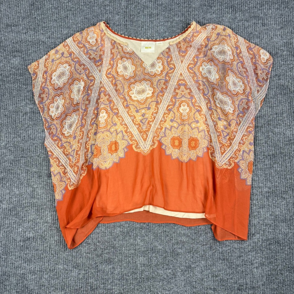 Maeve Anthropologie Blouse Womens L Orange 100% Silk Paisley Poncho Dolman Boho